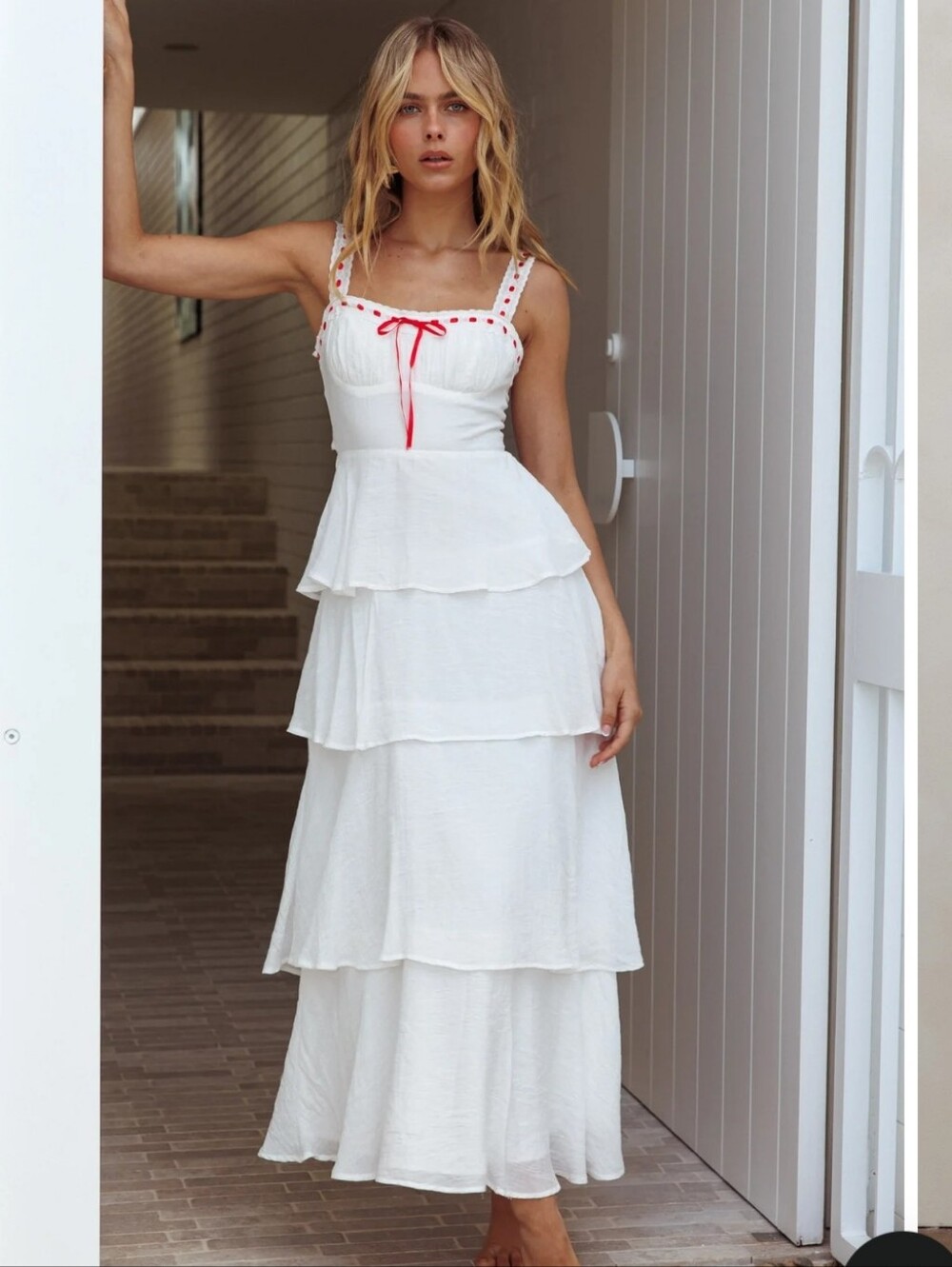 NWT Selfie Leslie White Tiered Maxi Dress Red Trim Summer Provence Bloom S Boho
